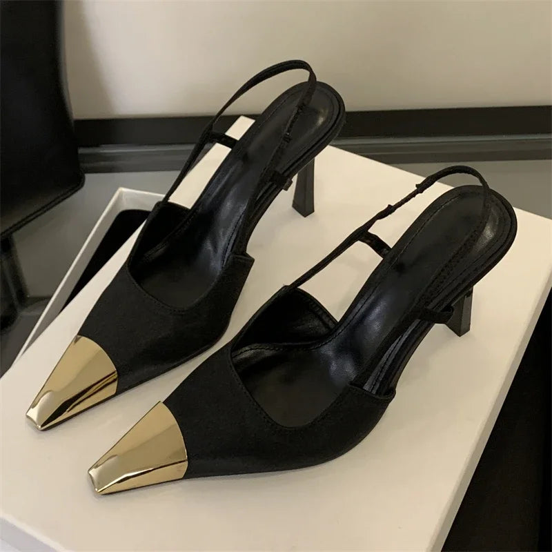 Pointed Toe Slingback Pumps Women Stiletto Heels Metal Toe Cap