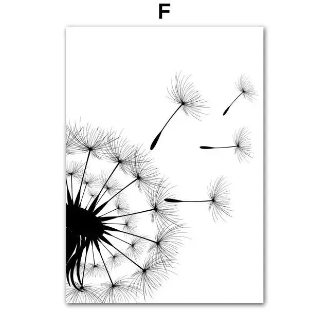 Black & White Floral Wall Art Print – Dandelion & Butterfly Poster