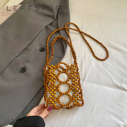Wooden Bead Crossbody Bag – Handcrafted Hollow Woven Design
