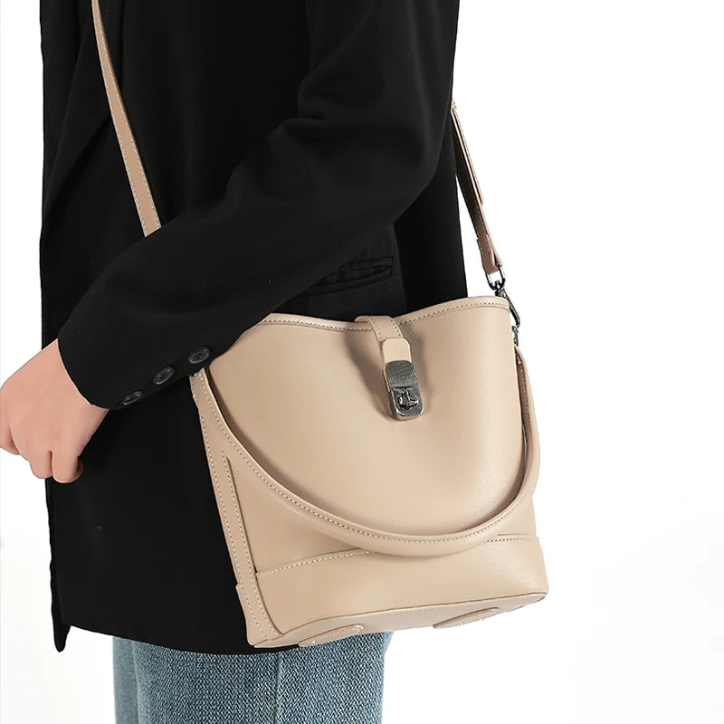 Genuine Leather Bucket Bag – Women's Crossbody Shoulder Handbag