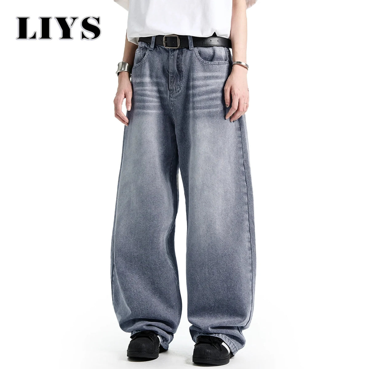 Men S American Retro Washed Polished White Loose Wide Leg Jeans Daily Business Leisure Unisex Baggy