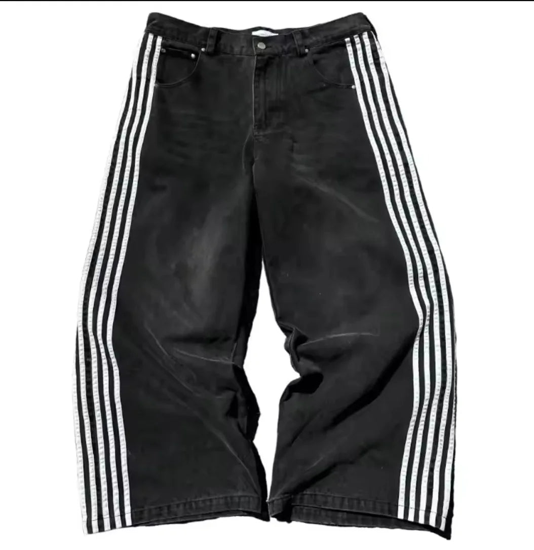 Y2K Baggy Wide-Leg Jeans with Side Stripe – Harajuku Streetwear
