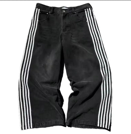 Y2K Baggy Wide-Leg Jeans with Side Stripe – Harajuku Streetwear