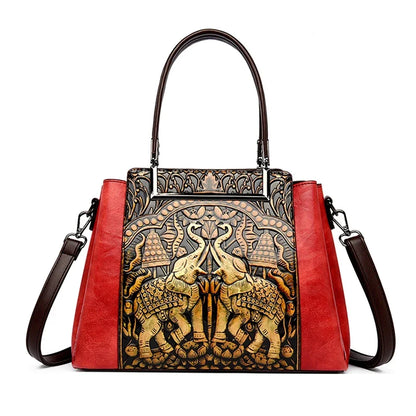 Vintage Embossed Handmade Handbag Women Versatile Pu Leather Shoulder Bag 3 Layers Large Capacity