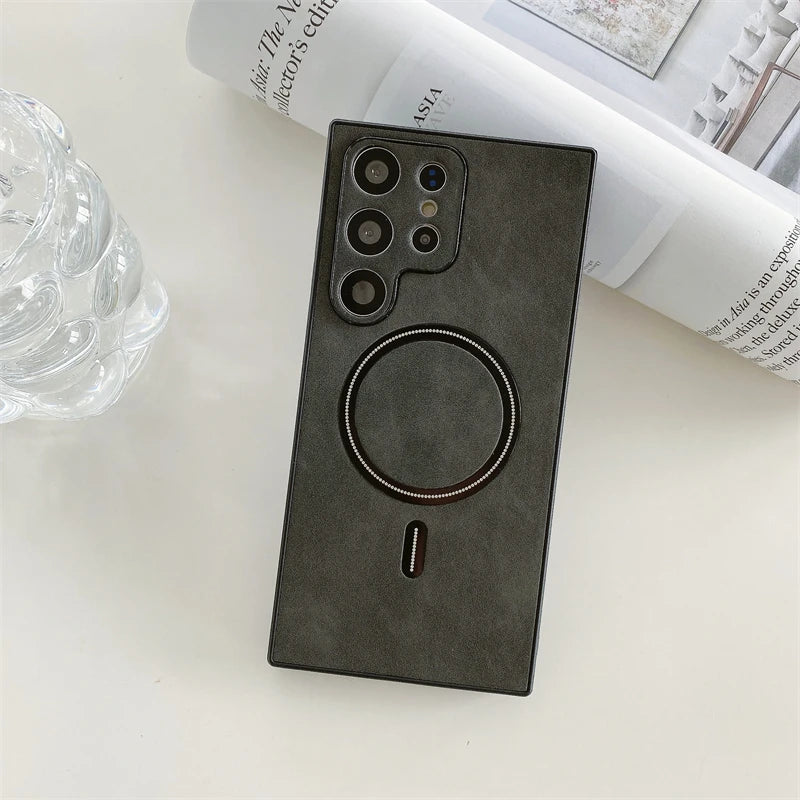 Leather Samsung Galaxy Case – Magnetic Wireless Charging Cover S21–S26