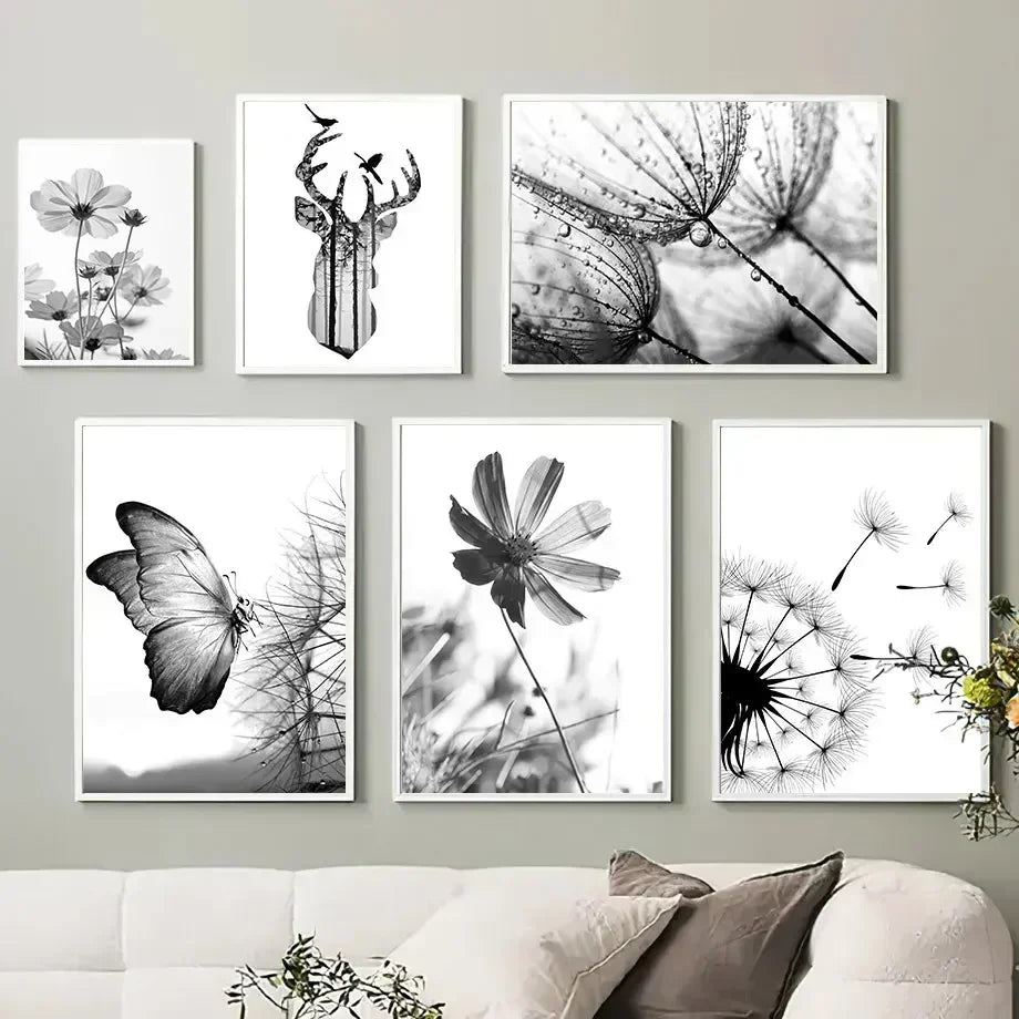 Black & White Floral Wall Art Print – Dandelion & Butterfly Poster