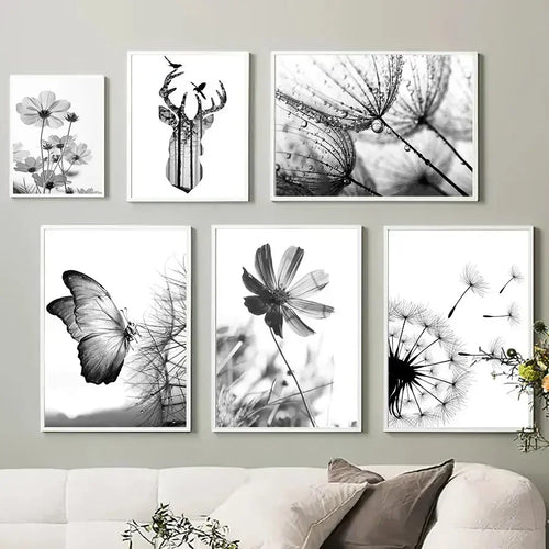 Black & White Floral Wall Art Print – Dandelion & Butterfly Poster