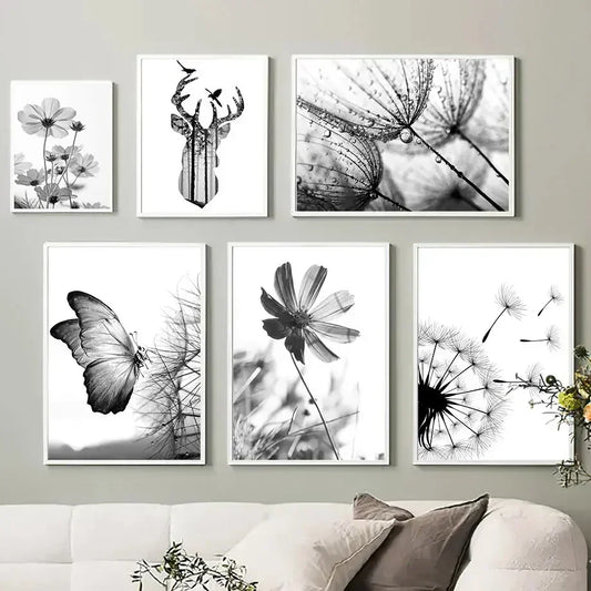 Black & White Floral Wall Art Print – Dandelion & Butterfly Poster