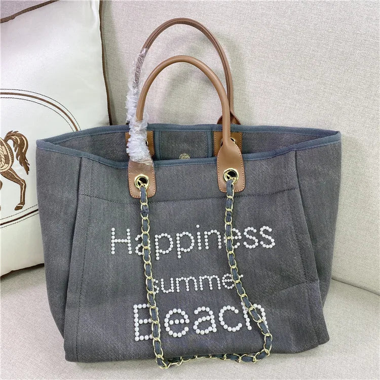 Large Canvas Tote Bag with Chain Strap & Leather Handles for Women