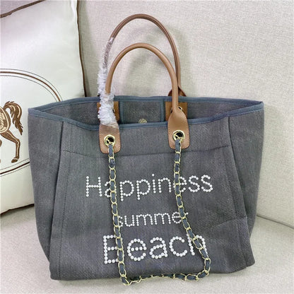 Large Canvas Tote Bag with Chain Strap & Leather Handles for Women