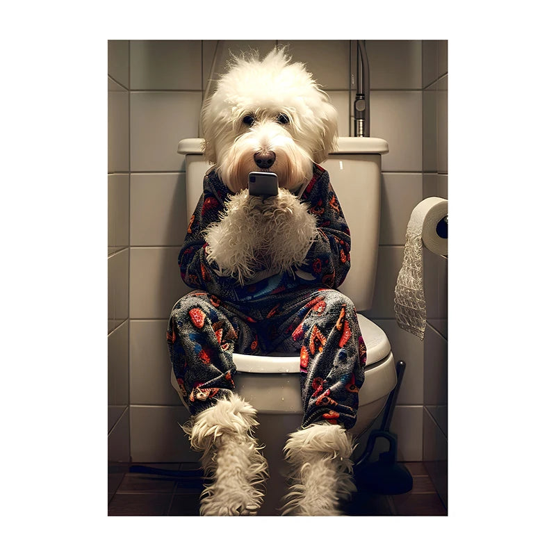 Funny Dog Bathroom Poster – Dog Reading Newspaper on Toilet Wall Art