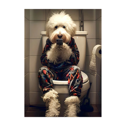 Funny Dog Bathroom Poster – Dog Reading Newspaper on Toilet Wall Art