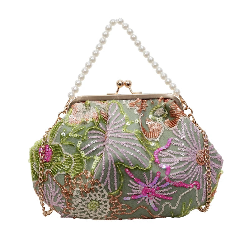 Sequin Floral Embroidered Handbag with Pearl Handle & Chain
