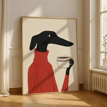 Greyhound with Coffee Canvas Wall Art Print – Whimsical Dog Poster