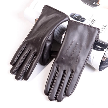 Women's Sheepskin Leather Winter Gloves with Thick Lining