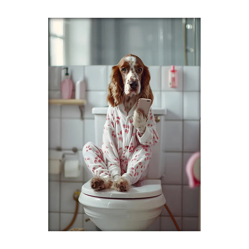 Funny Dog Bathroom Poster – Dog Reading Newspaper on Toilet Wall Art