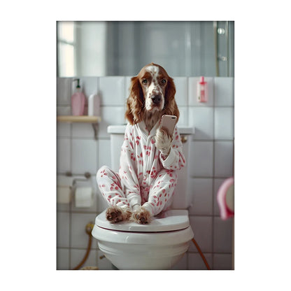 Funny Dog Bathroom Poster – Dog Reading Newspaper on Toilet Wall Art