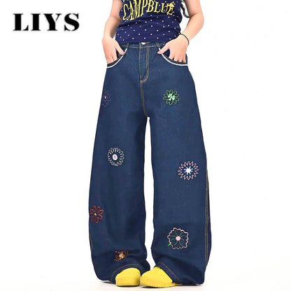 Y2K Flower Embroidered Baggy Wide Leg Jeans – Unisex Denim