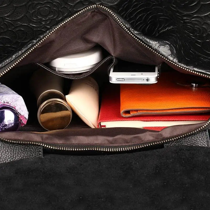Floral Embossed Genuine Leather Handbag – Women's Shoulder Bag