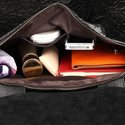 Floral Embossed Genuine Leather Handbag – Women's Shoulder Bag