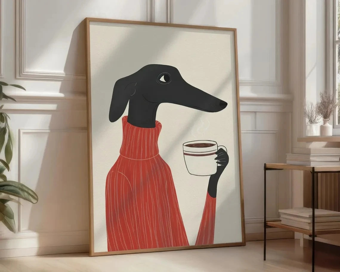 Greyhound with Coffee Canvas Wall Art Print – Whimsical Dog Poster