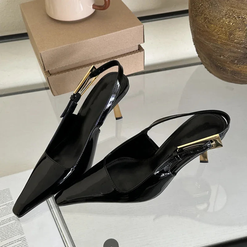 Pointed Toe Slingback Pumps with Metal Buckle Strap