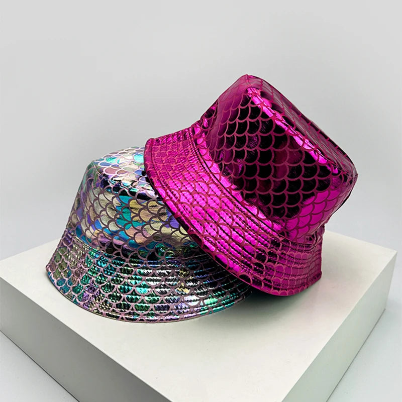 Holographic PU Leather Bucket Hat – Reflective Unisex Fisherman Cap