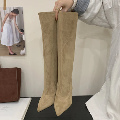 Women's Knee-High Stiletto Boots – Pointed Toe Suede Heels