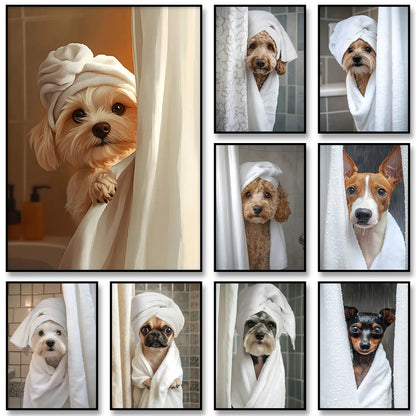 Funny Dog Bathroom Poster – Schnauzer in Bathrobe Wall Art Print