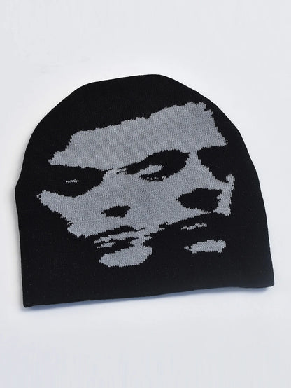 Y2K Goth Face Knit Beanie – Unisex Streetwear Pullover Cap