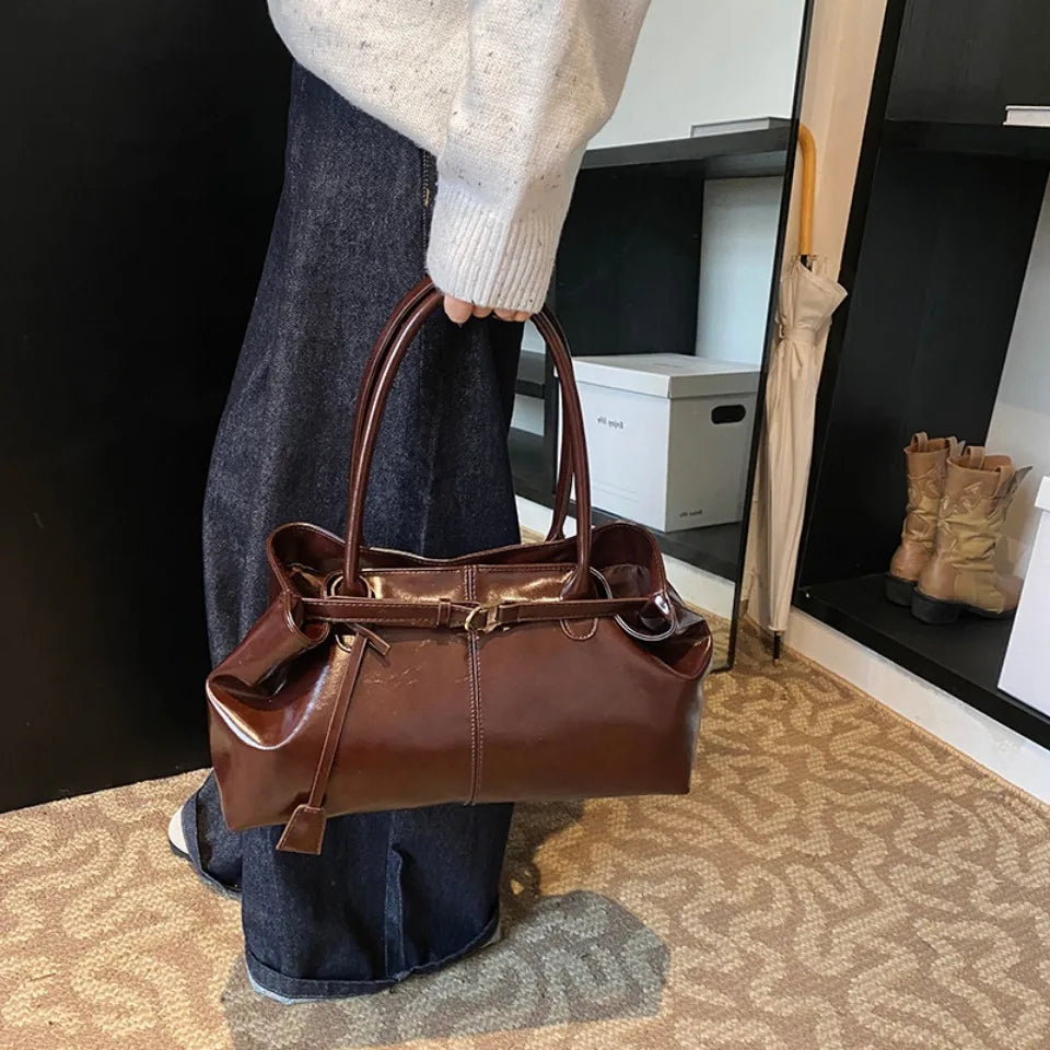 Leather Hobo Shoulder Bag – Retro Oil PU Large Tote for Women