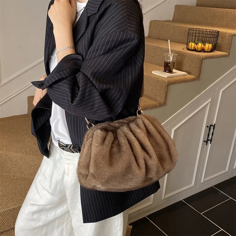 Fashion Pleated Cloud Bag Soft Faux Fur Handbag Popular Korean-style