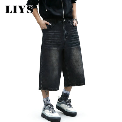 LIYS Baggy Wide Leg Denim Shorts for Men – Black Washed Streetwear