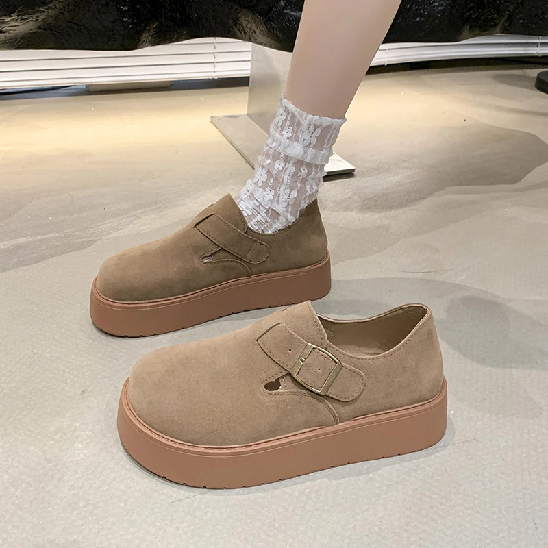 Women's Platform Suede Loafers with Buckle Strap