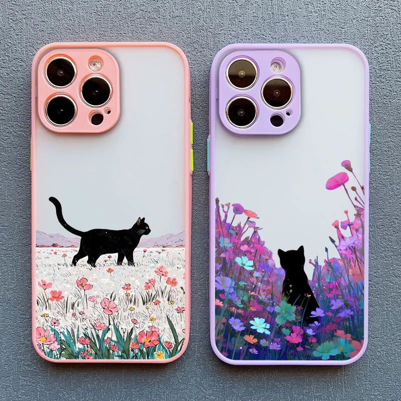 Anime Black Cat Floral iPhone Case – iPhone 11 to 17 Pro Max