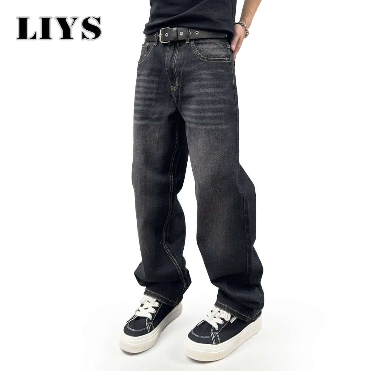 Baggy Straight Leg Jeans Men – Black Washed Retro Denim Pants