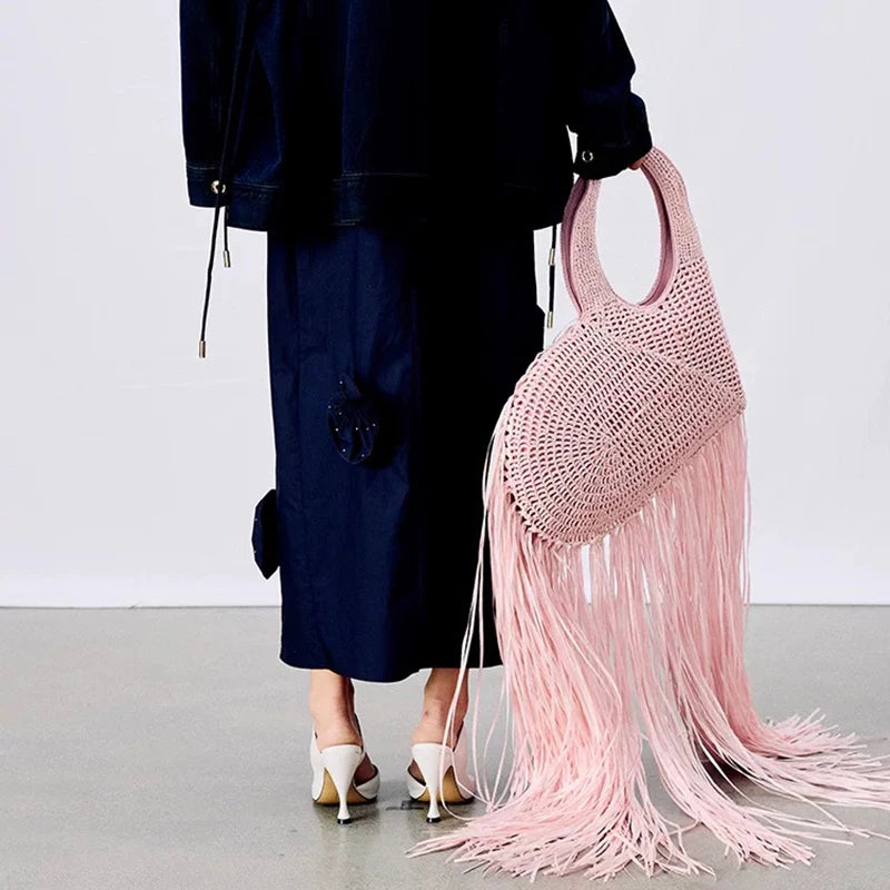 Woven Straw Fringe Crossbody Bag – Women's Summer Beach Handbag