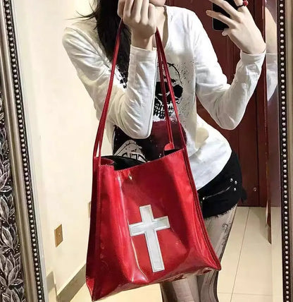 Retro Gothic Cross Y2k Handbag Women Hot Girls PU Leather Large Capacity