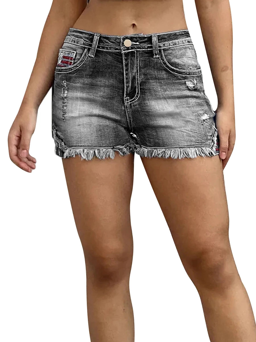 Women's Denim Shorts – Star Stripe Frayed Hem Bodycon