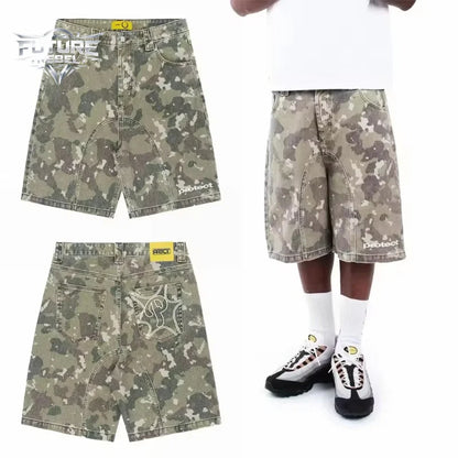 Mens Denim Shorts Vintage Camo Embroidery Protect Streetwear Harajuku Unisex Loose Fit Washed Five