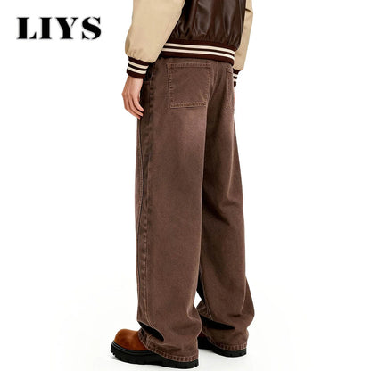 Brown Baggy Wide Leg Jeans – Retro Cartoon Embroidery Loose Denim Pants