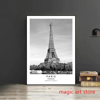 City Travel Poster – Black & White Landmark Wall Art Print for Home Decor