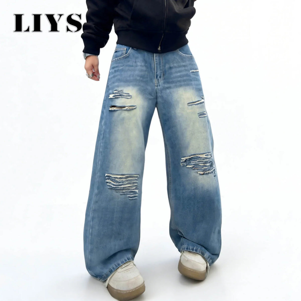LIYS Baggy Wide Leg Ripped Jeans for Men – Blue Streetwear Denim