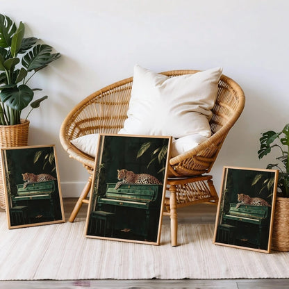 Leopard on Green Piano Canvas Print – Maximalist Jungle Wall Art