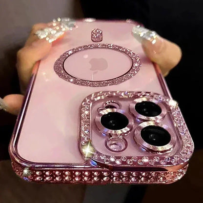 New Fashion Glitter Diamond Transparent Case For iPhone 17/ 16/ 15/ 14/ 13/ 11/ 12 Pro Max Funda Magnetic Wireless Charge Bumper Cover