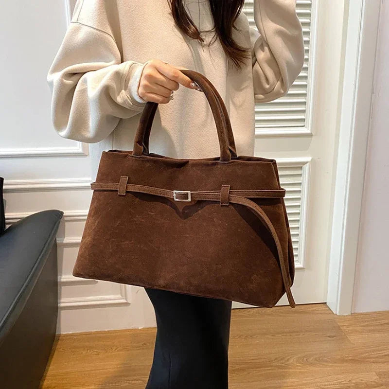 Buckle Decorative Design Solid Faux Suede Handbag