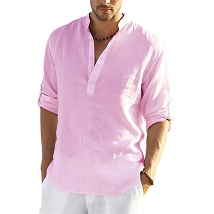 Men's Cotton Linen Long Sleeve Shirt – Casual Loose V-Neck Top S-3XL