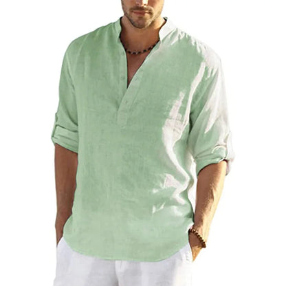 Men's Cotton Linen Long Sleeve Shirt – Casual Loose V-Neck Top S-3XL