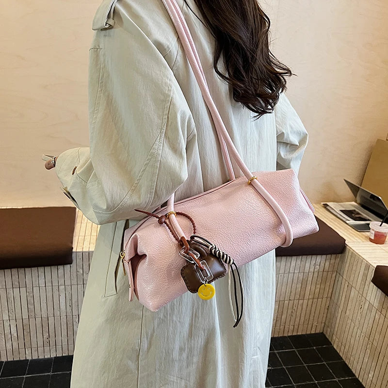 Women's Crinkled Faux Leather Cylinder Shoulder Bag
