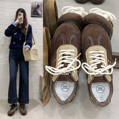 Retro Color-Block Lace-Up Sneakers for Women – Flat Casual Sport Shoes